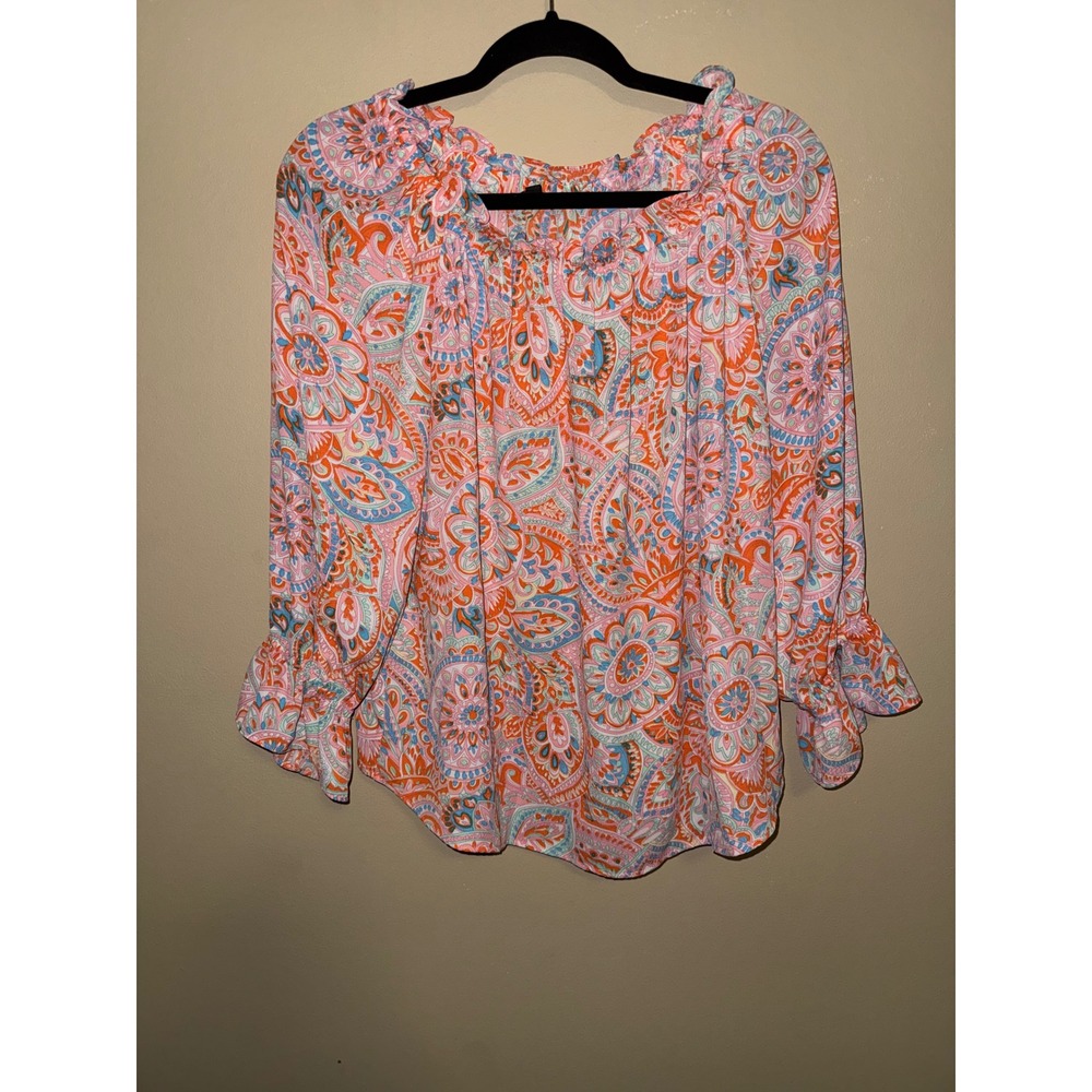 Talbots Bohemian Orange Pink Paisley Ruffle Neck Flounce Cuff Blouse LP Flowy